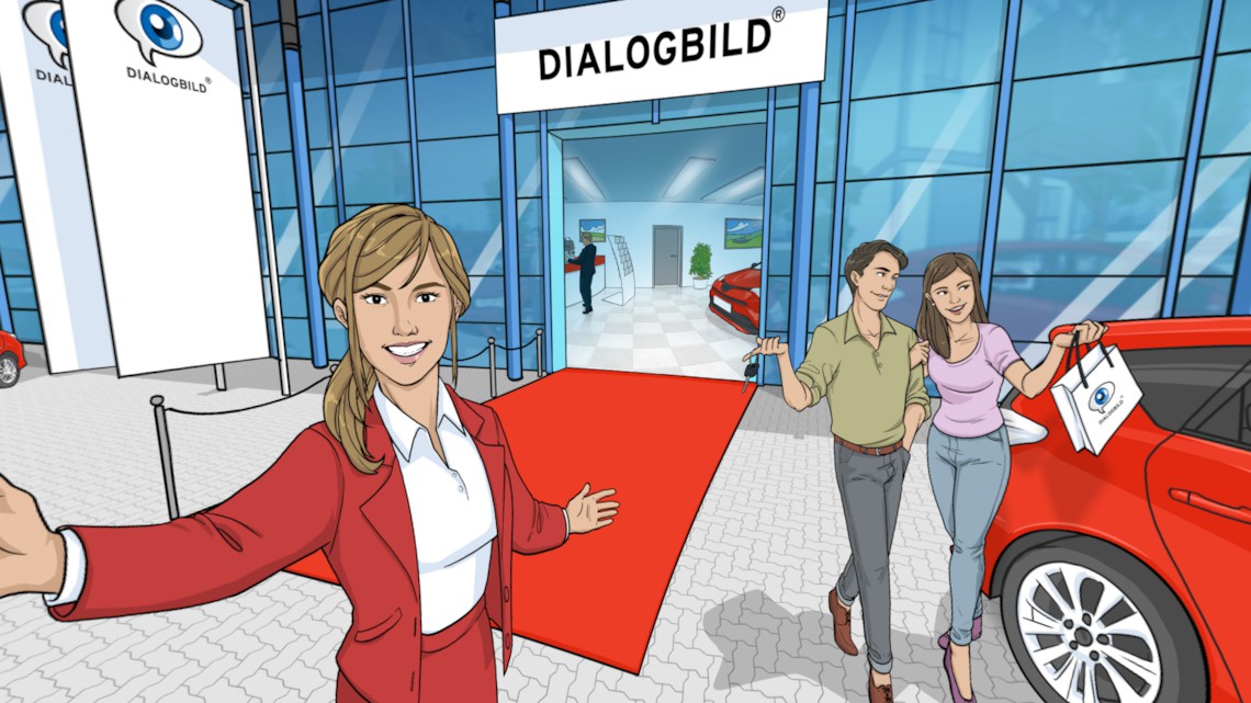 Dialogbild VR Szene: Verkäuferin vor Autohaus