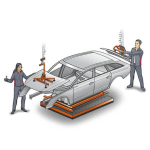 Audi Karosseriebau Prozessvisualisierung Werksführung Erklärbild Infografik Dialogbild Agentur für Visualisierung von Prozessen, Veränderungen und Visionen.