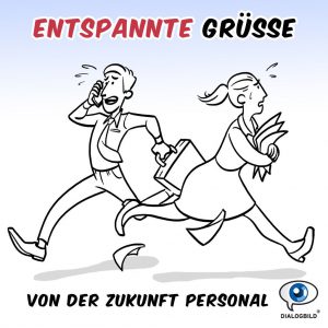 Zukunft Personal Illustration: Gehetzte Mitarbeiter rennen chaotisch umher. Überschrift: Entspannte Grüße von der Zukunft Personal