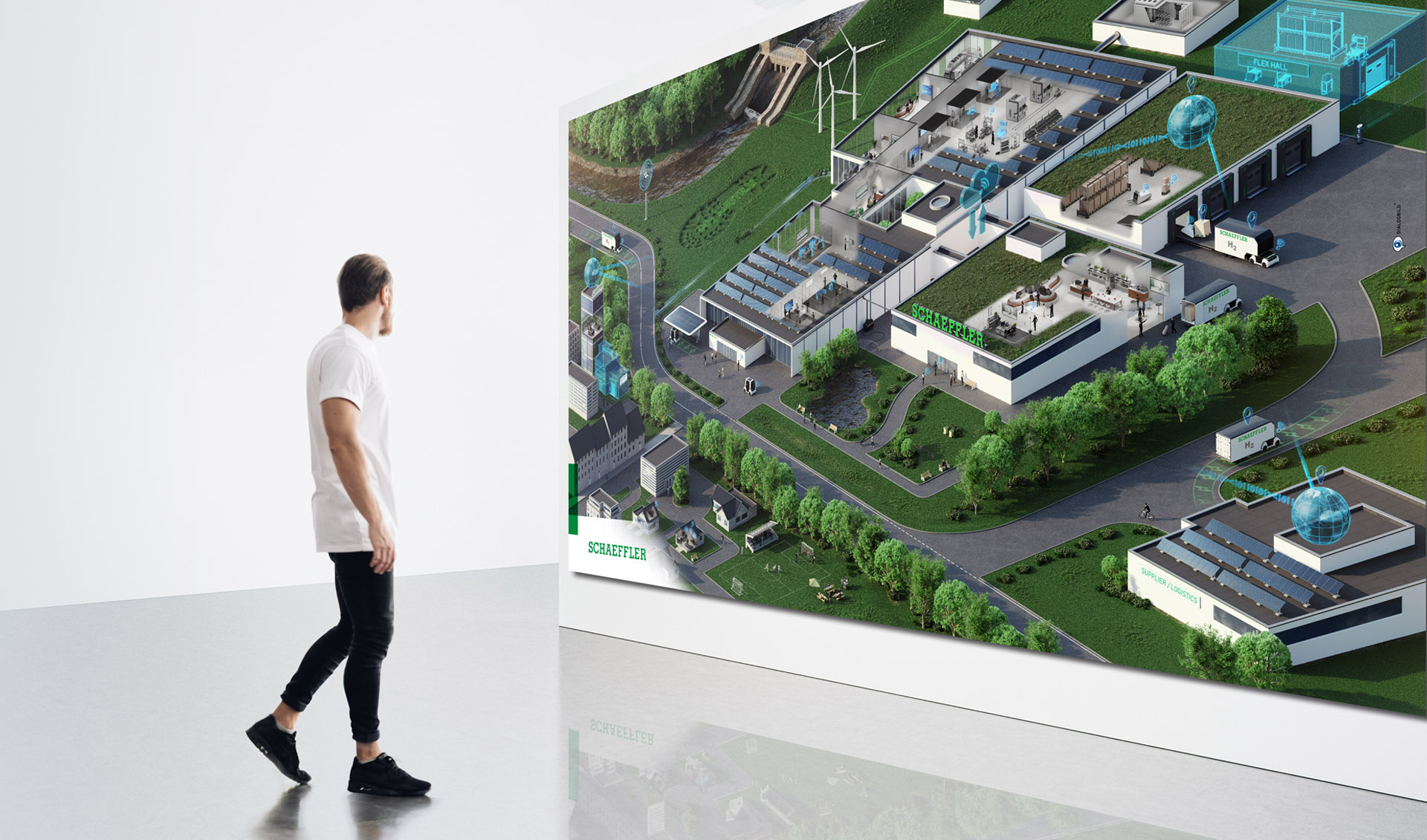 Schaeffler Fabrik der Zukunft Zero Emission Company 3D Grafik Dialogbild Agentur für Visualisierung von Prozessen, Veränderungen und Visionen.