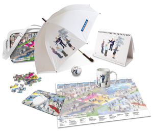 Dialogbild Roll-Out Zugaben: Bedruckte Taschen, Puzzles, Mousepads, Regenschirme, Kaffeetasse und Kalender.