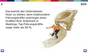 Dialogbild Slide zu Meetingregeln mit Illustration eines Tornados, der einen Mann fortweht.