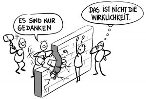 Dialogbild Light Szene: Vier Mitarbeiter reißen eine imaginäre Wand ein.