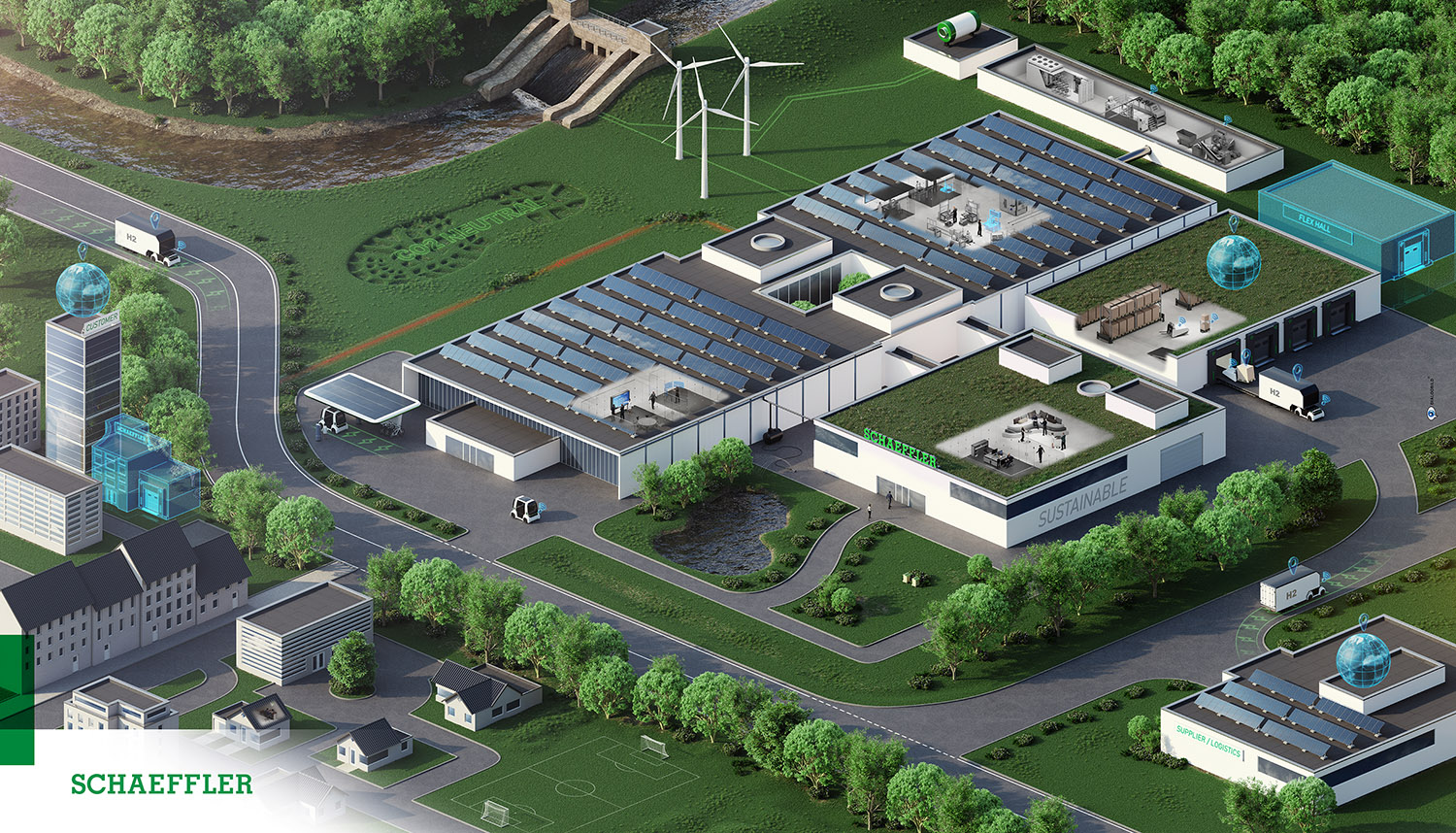 Schaeffler Fabrik der Zukunft Zero Emission Company 3D Grafik Dialogbild Agentur für Visualisierung von Prozessen, Veränderungen und Visionen.