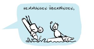 Illustration zum Thema Hemmungen überwinden: Zwei Strichmännchen reiten spielerisch auf Stiften.
