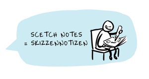 Illustration zu Sketch Notes: Strichmännchen scribbelt begeistert Notizen.