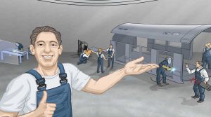 Arbeiter präsentiert eine Werkshalle, in der ein Zug zusammengebaut wird.