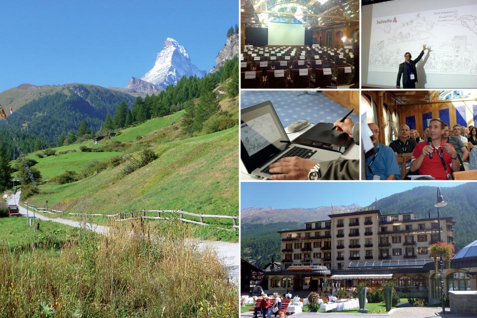 THE LIVE-ILLUSTRATION Helvetia Versicherung Kundentreue Zermatt Live Illustration Strategiebild Dialogbild Agentur für Visualisierung von Prozessen, Veränderungen und Visionen.