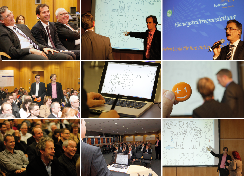 badenova Energieanbieter Kundenservice Kundenorientierung Live-Illustration Strategiebild Infografik Erklärbild Leitbild Dialogbild Agentur für Visualisierung von Prozessen, Veränderungen und Visionen.